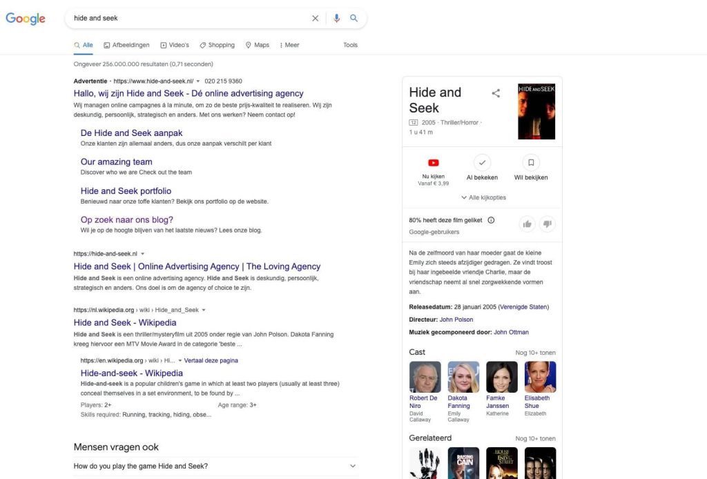 Advertentie op Google Search waarmee je uitkomt bij Hide and Seek